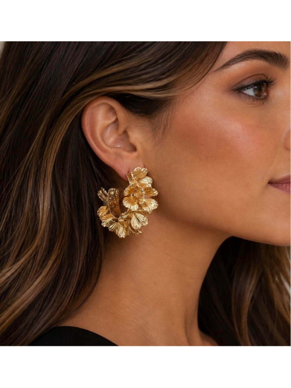 Zara Hoop Flower Earrings Gold Floral Open Stud Boho Statement VTG Retro